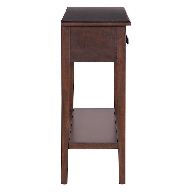 38.2 Table console rustique avec étagère ouverte et trois tiroirs, pieds en bois d'hévéa
