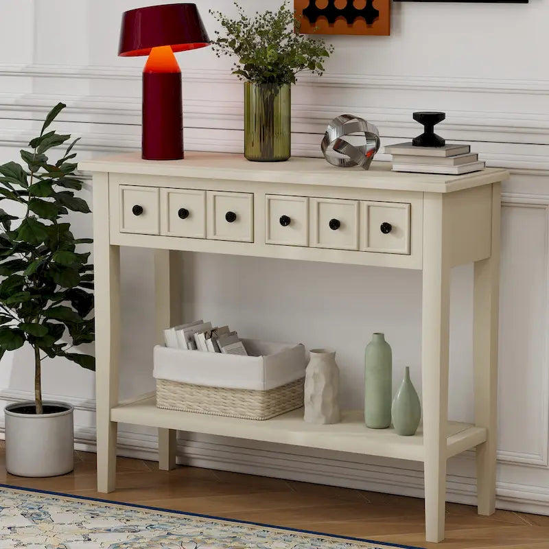 38.2 Table console rustique avec étagère ouverte et trois tiroirs, pieds en bois d'hévéa