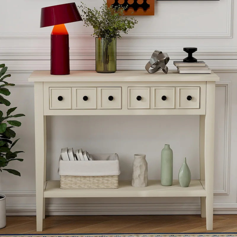 38.2 Table console rustique avec étagère ouverte et trois tiroirs, pieds en bois d'hévéa