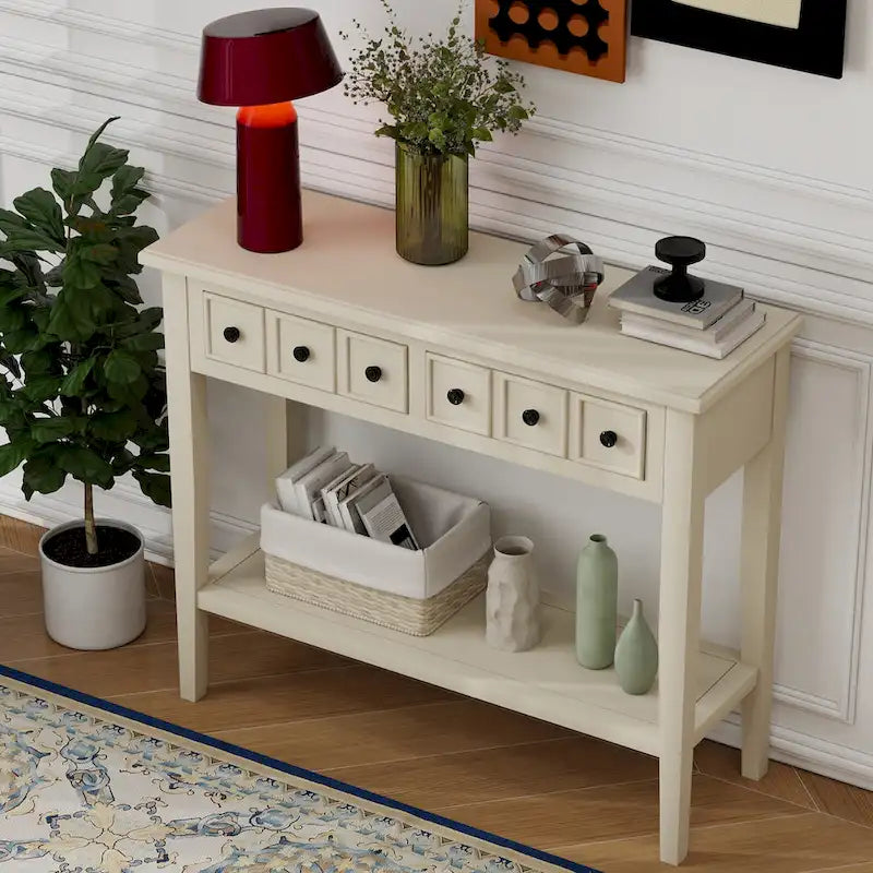 38.2 Table console rustique avec étagère ouverte et trois tiroirs, pieds en bois d'hévéa
