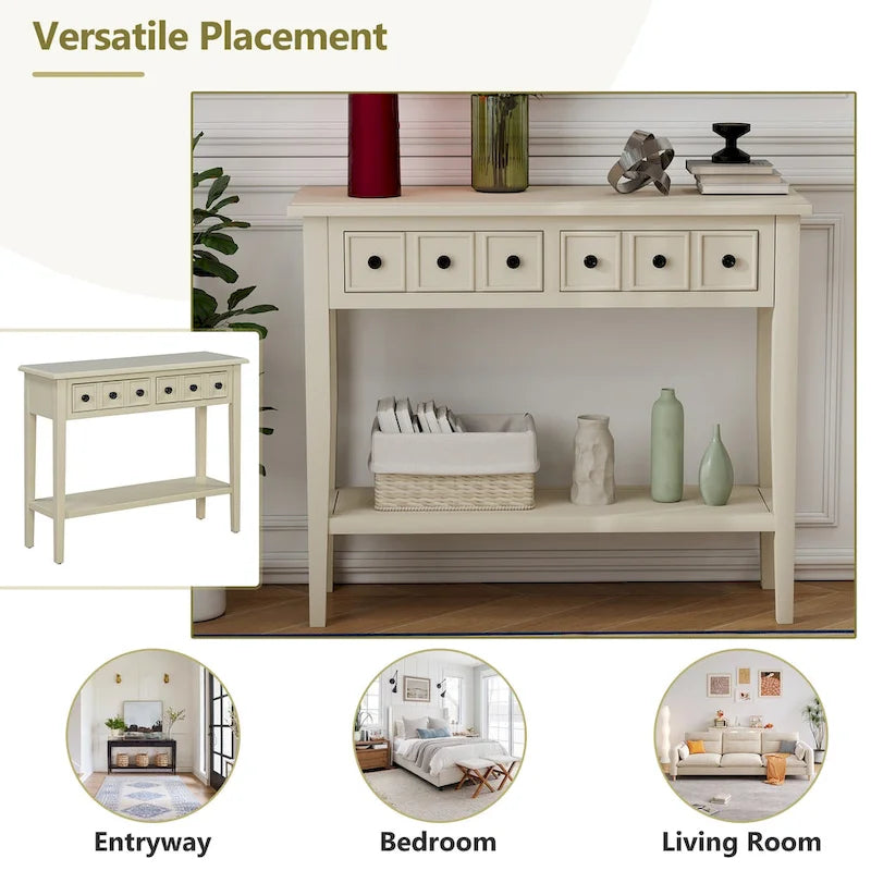 38.2 Table console rustique avec étagère ouverte et trois tiroirs, pieds en bois d'hévéa