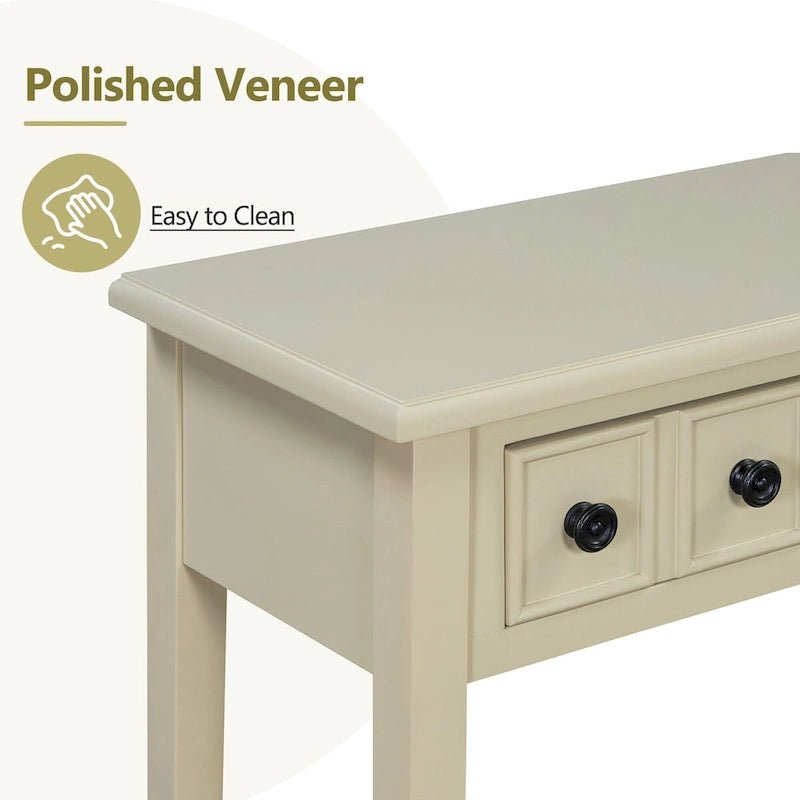 38.2 Table console rustique avec étagère ouverte et trois tiroirs, pieds en bois d'hévéa