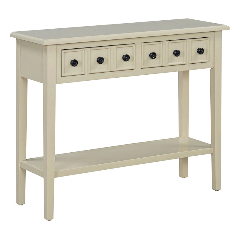 38.2 Table console rustique avec étagère ouverte et trois tiroirs, pieds en bois d'hévéa