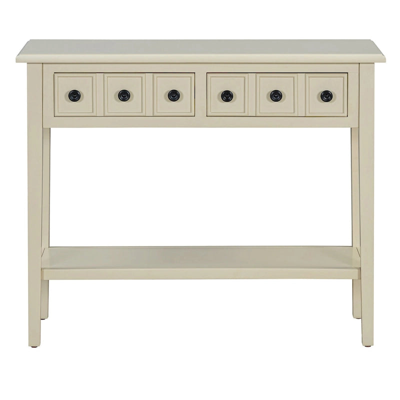 38.2 Table console rustique avec étagère ouverte et trois tiroirs, pieds en bois d'hévéa