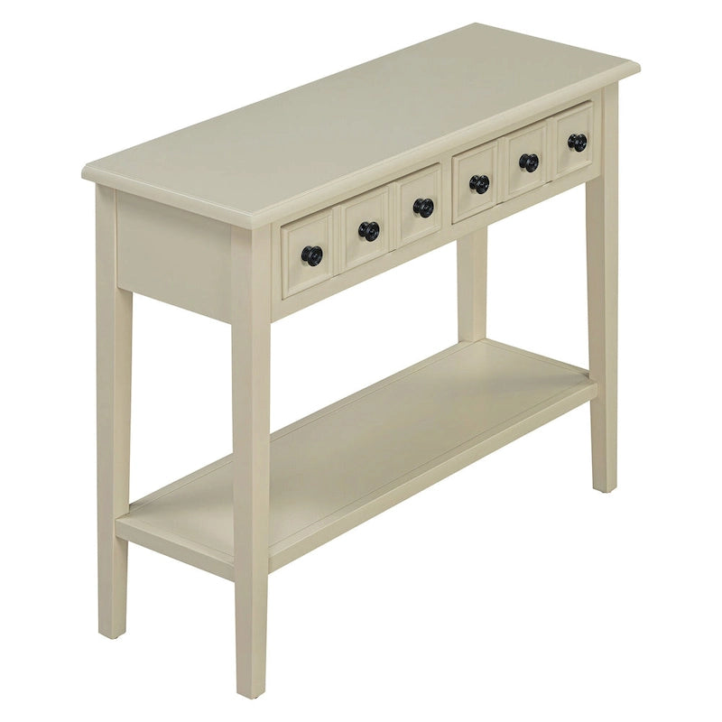 38.2 Table console rustique avec étagère ouverte et trois tiroirs, pieds en bois d'hévéa