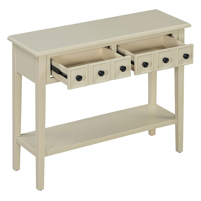 38.2 Table console rustique avec étagère ouverte et trois tiroirs, pieds en bois d'hévéa