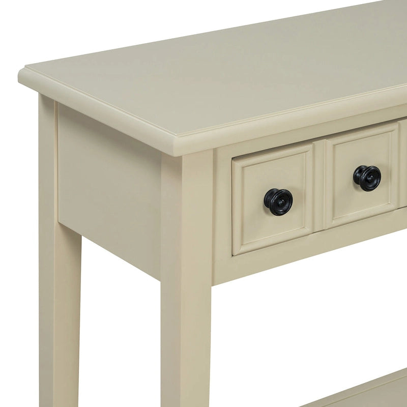 38.2 Table console rustique avec étagère ouverte et trois tiroirs, pieds en bois d'hévéa