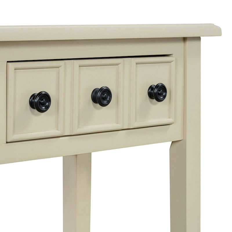 38.2 Table console rustique avec étagère ouverte et trois tiroirs, pieds en bois d'hévéa