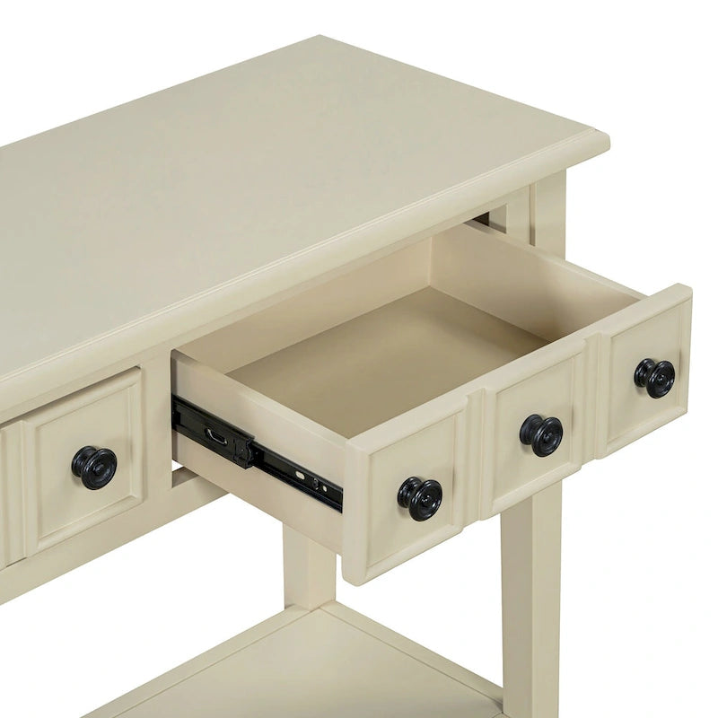38.2 Table console rustique avec étagère ouverte et trois tiroirs, pieds en bois d'hévéa