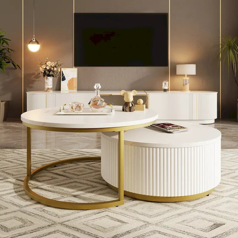 Table basse gigogne ronde moderne avec tiroir et base dorée pour le salon