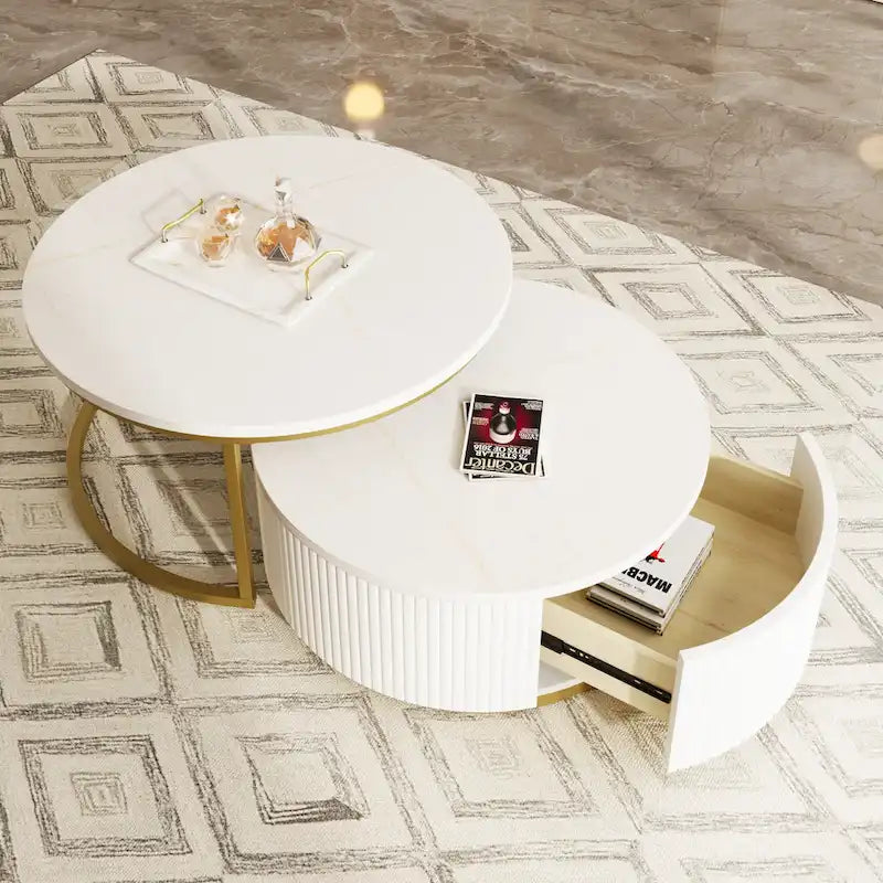 Table basse gigogne ronde moderne avec tiroir et base dorée pour le salon