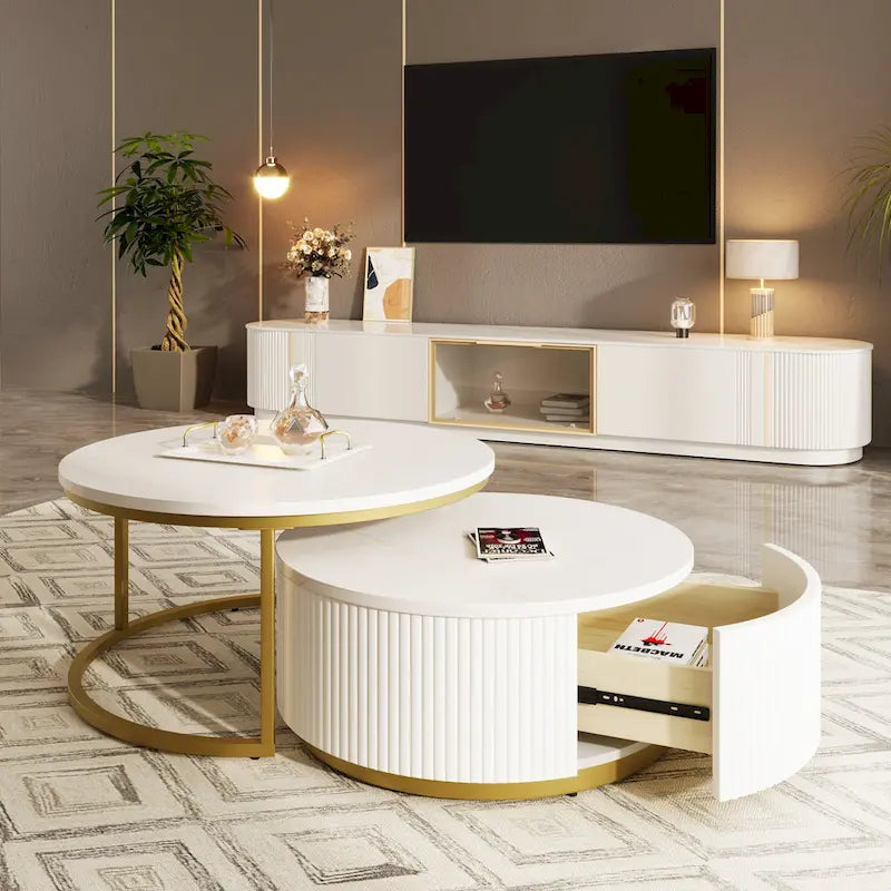 Table basse gigogne ronde moderne avec tiroir et base dorée pour le salon