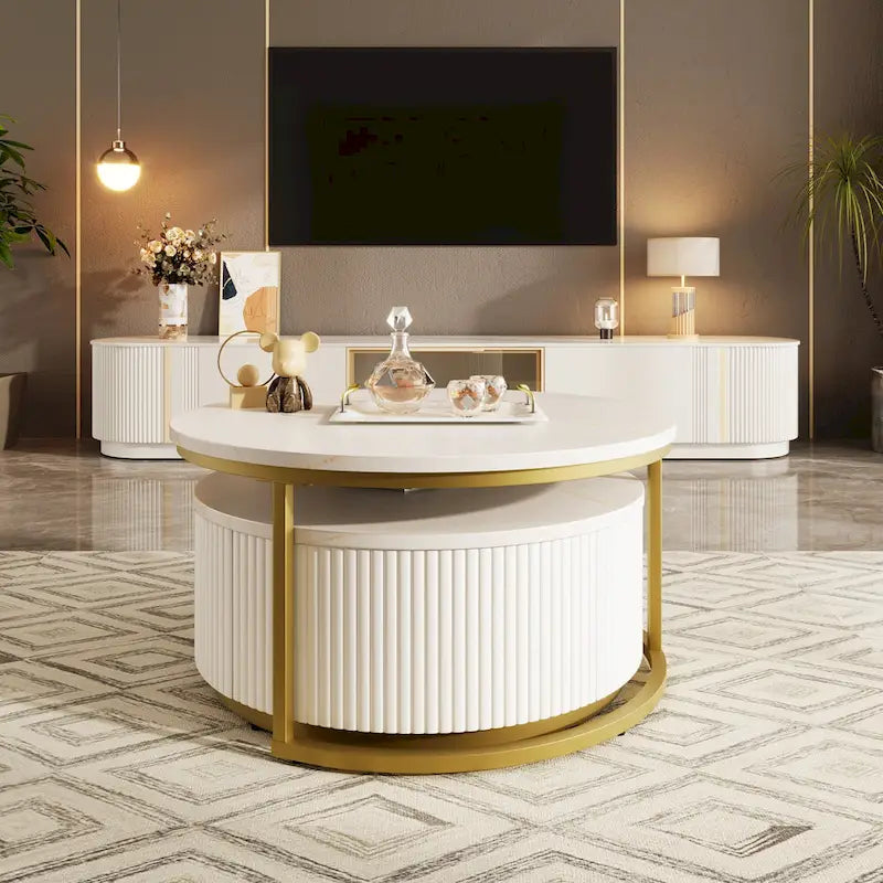 Table basse gigogne ronde moderne avec tiroir et base dorée pour le salon