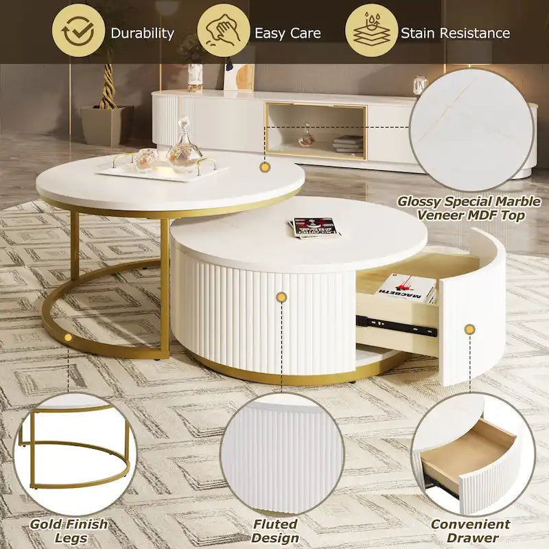 Table basse gigogne ronde moderne avec tiroir et base dorée pour le salon
