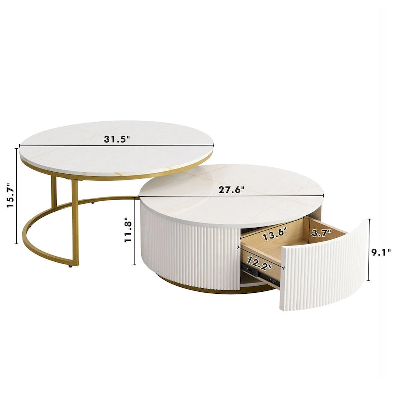 Table basse gigogne ronde moderne avec tiroir et base dorée pour le salon