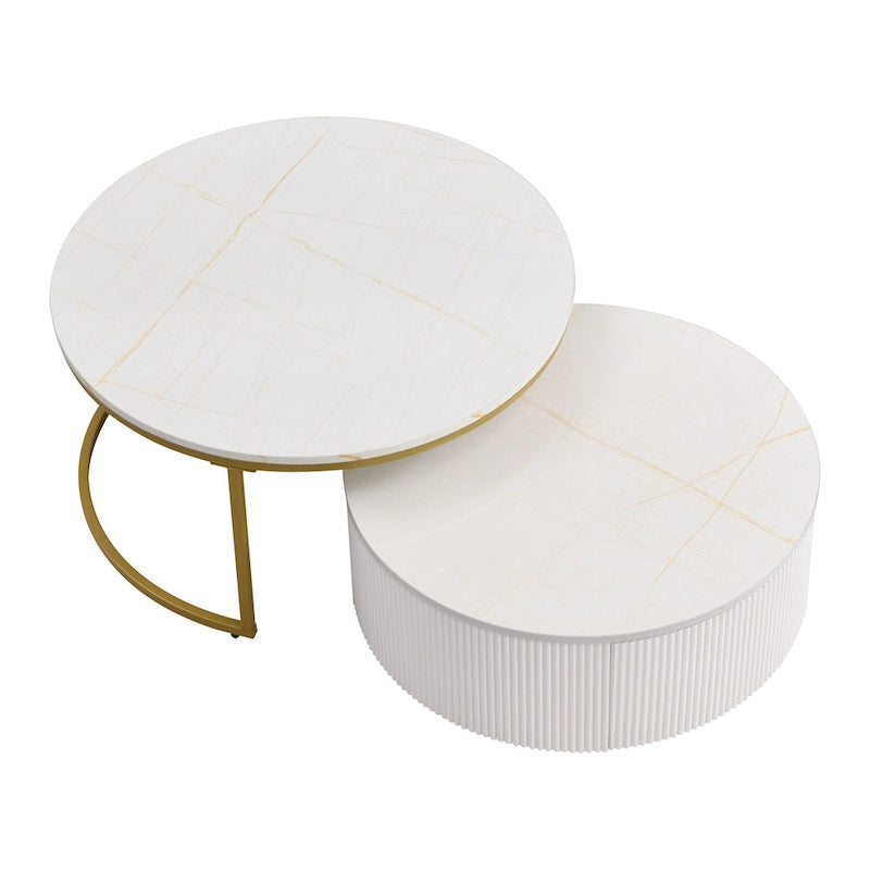 Table basse gigogne ronde moderne avec tiroir et base dorée pour le salon