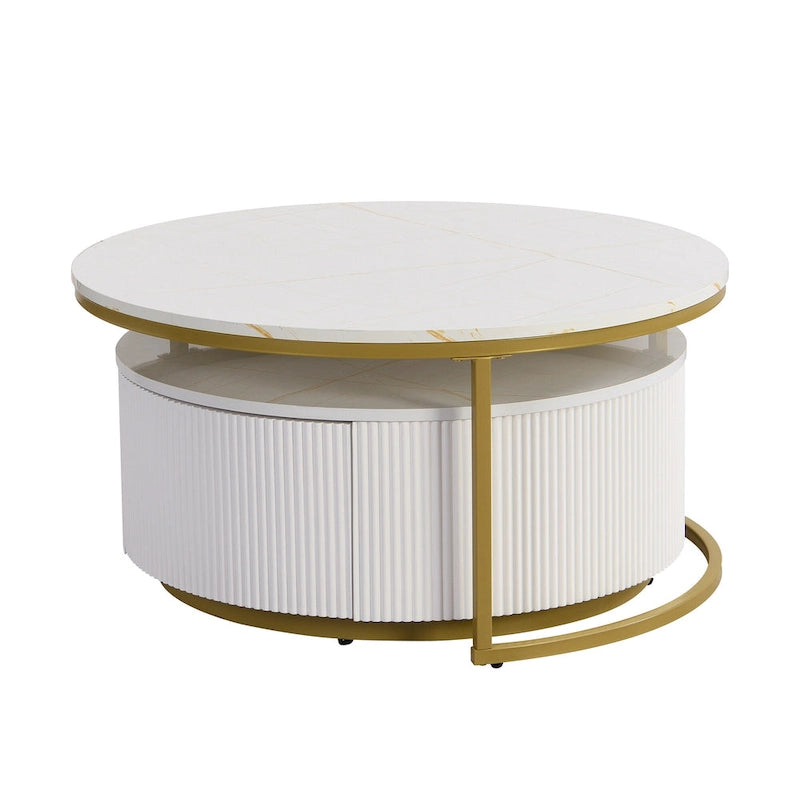 Table basse gigogne ronde moderne avec tiroir et base dorée pour le salon