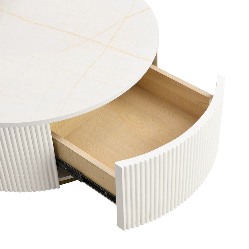Table basse gigogne ronde moderne avec tiroir et base dorée pour le salon