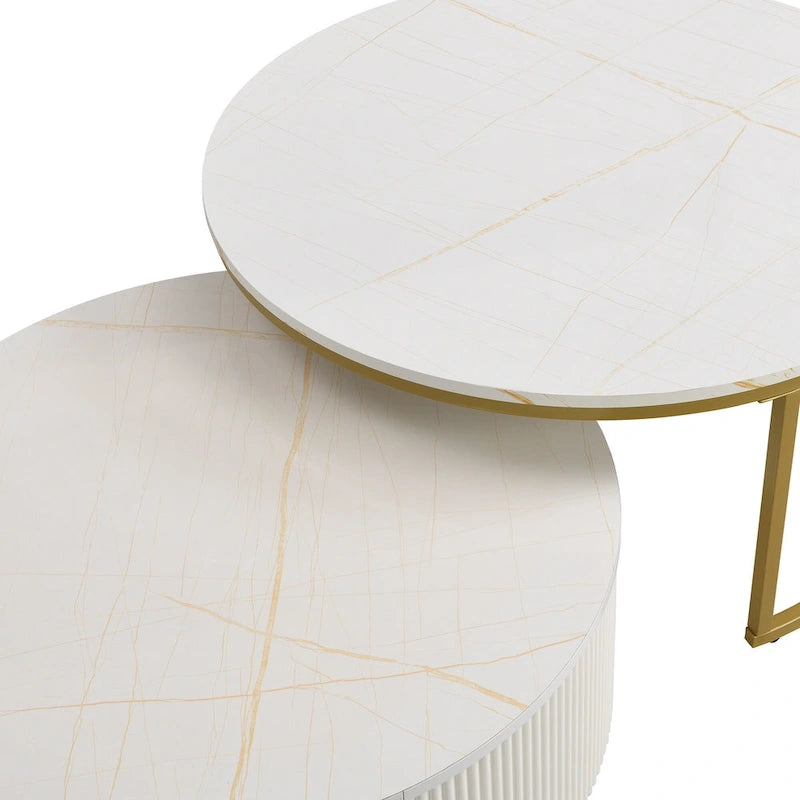 Table basse gigogne ronde moderne avec tiroir et base dorée pour le salon