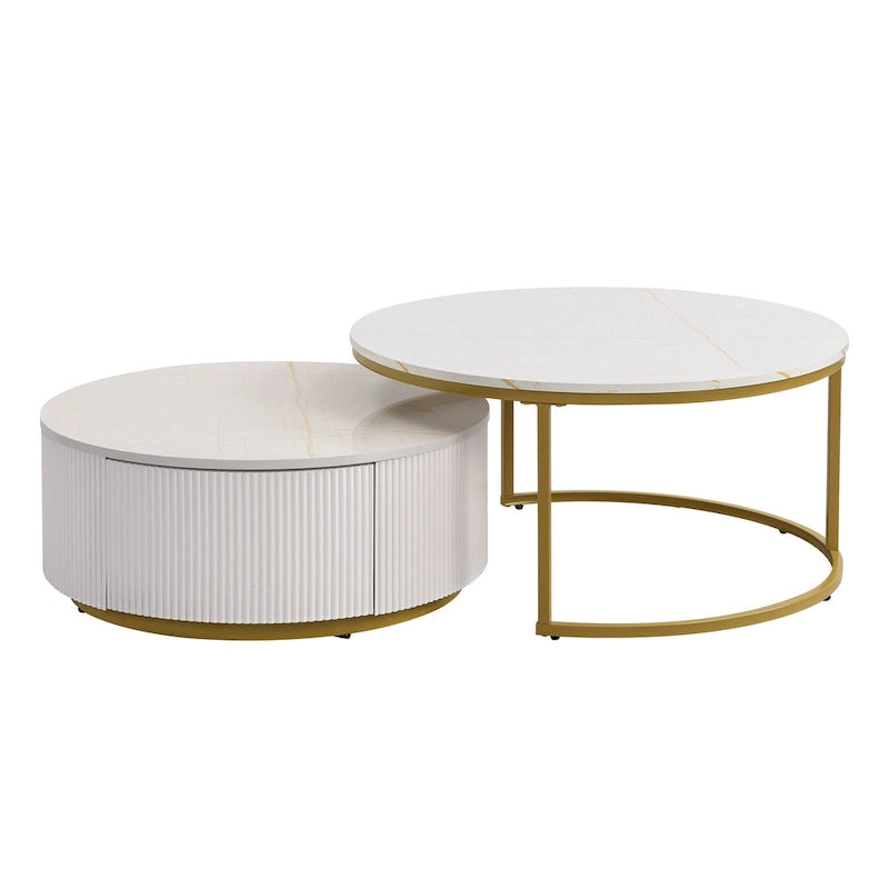 Table basse gigogne ronde moderne avec tiroir et base dorée pour le salon