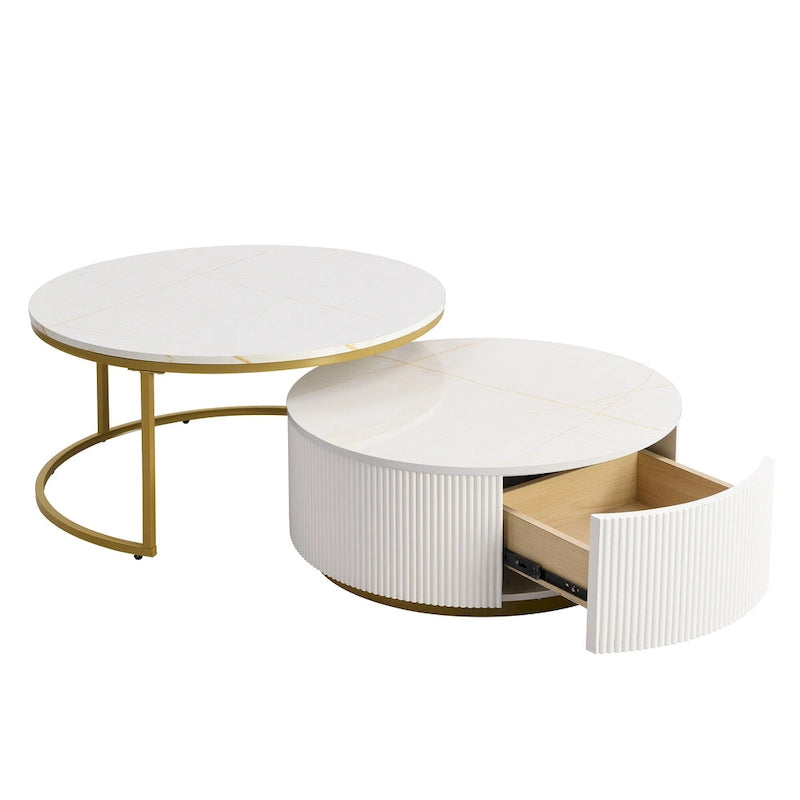 Table basse gigogne ronde moderne avec tiroir et base dorée pour le salon
