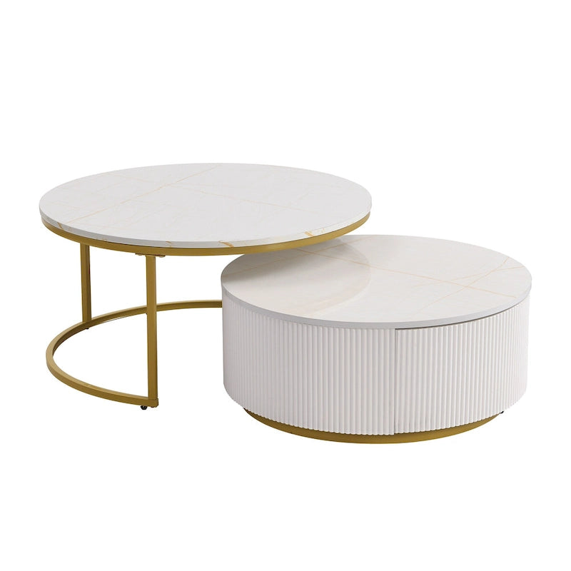 Table basse gigogne ronde moderne avec tiroir et base dorée pour le salon