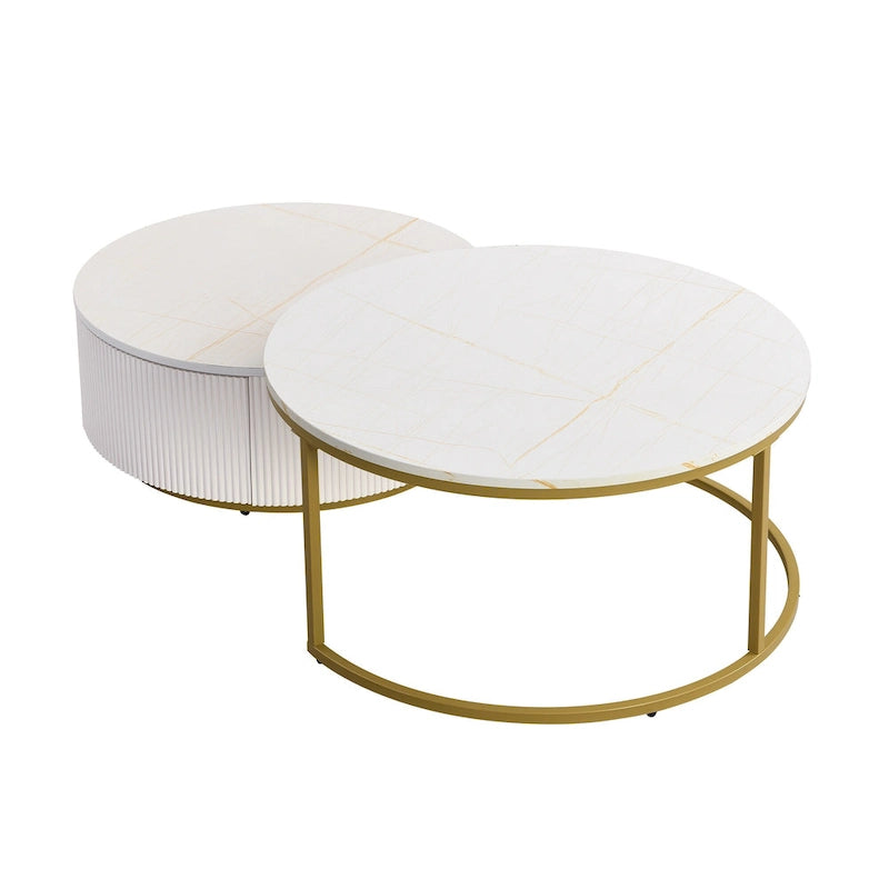 Table basse gigogne ronde moderne avec tiroir et base dorée pour le salon