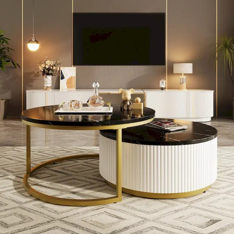 Table basse gigogne ronde moderne avec tiroir et base dorée pour le salon