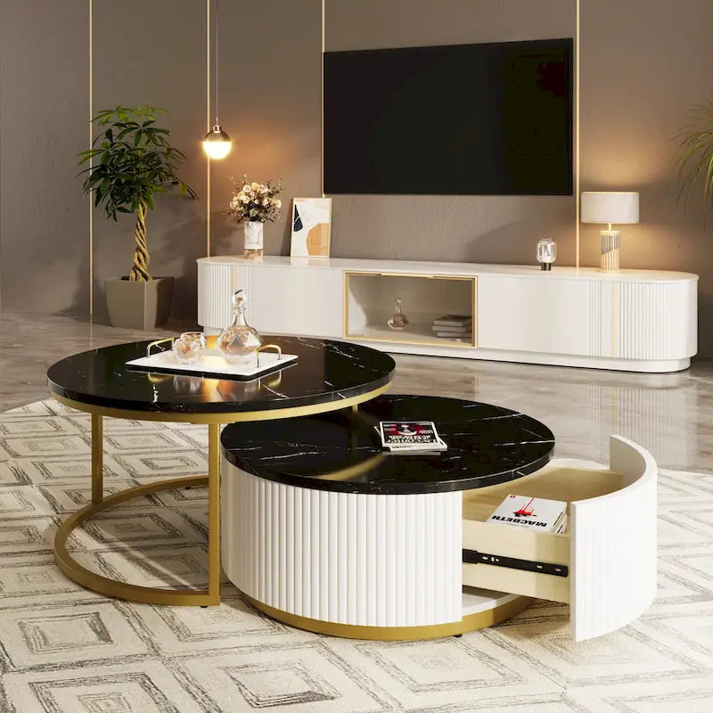 Table basse gigogne ronde moderne avec tiroir et base dorée pour le salon