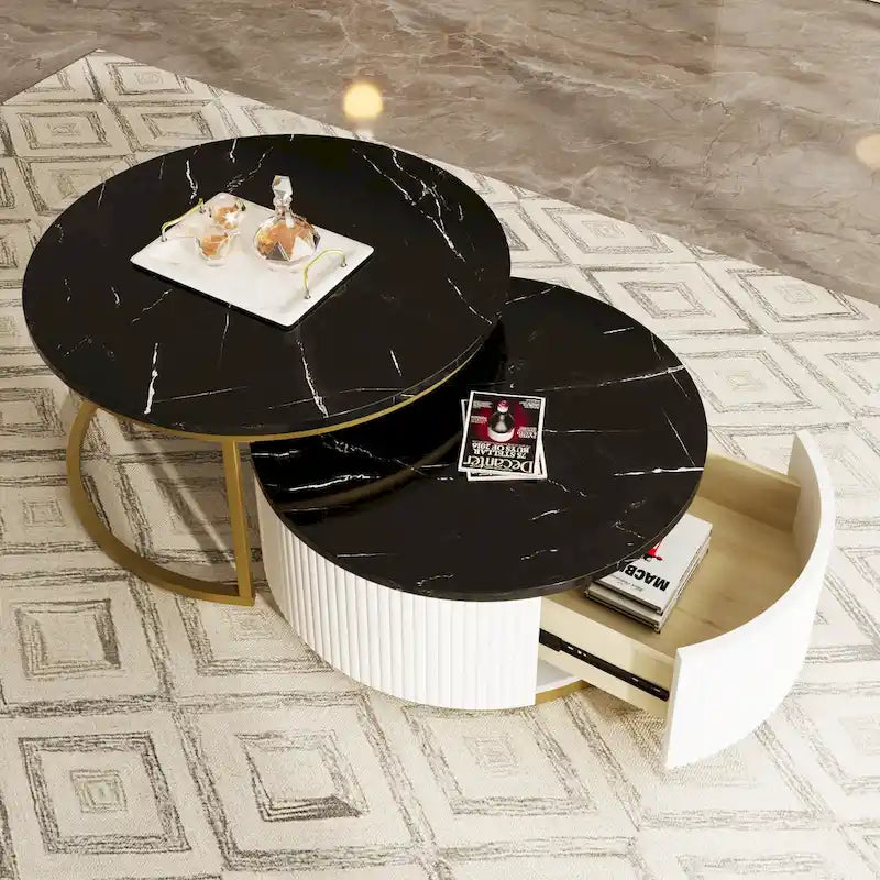 Table basse gigogne ronde moderne avec tiroir et base dorée pour le salon