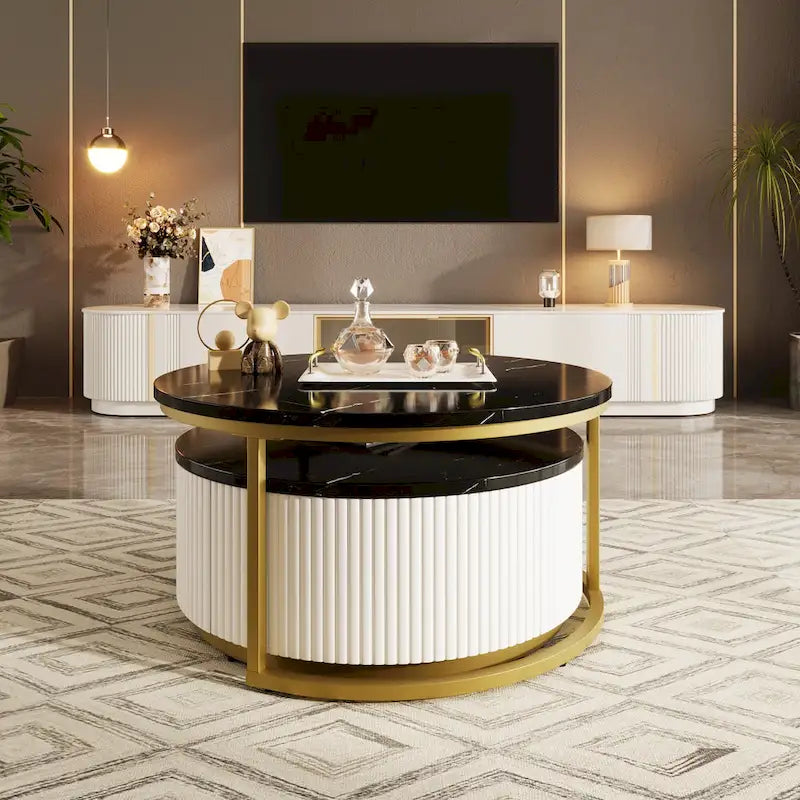 Table basse gigogne ronde moderne avec tiroir et base dorée pour le salon