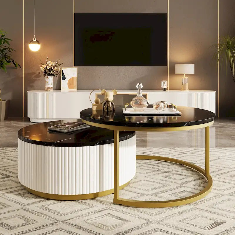 Table basse gigogne ronde moderne avec tiroir et base dorée pour le salon