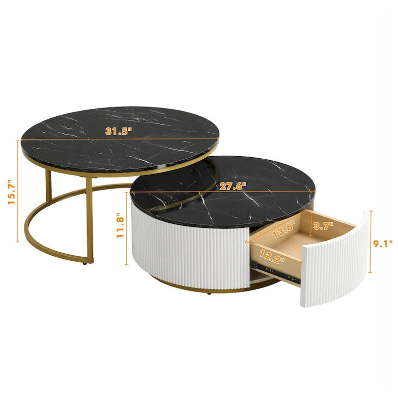 Table basse gigogne ronde moderne avec tiroir et base dorée pour le salon
