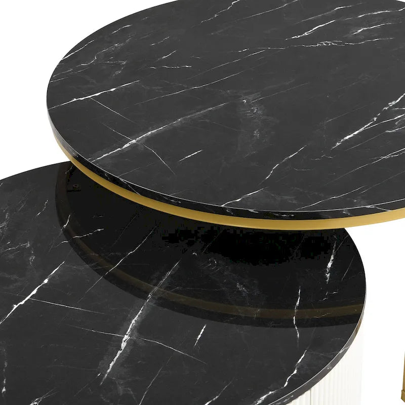 Table basse gigogne ronde moderne avec tiroir et base dorée pour le salon
