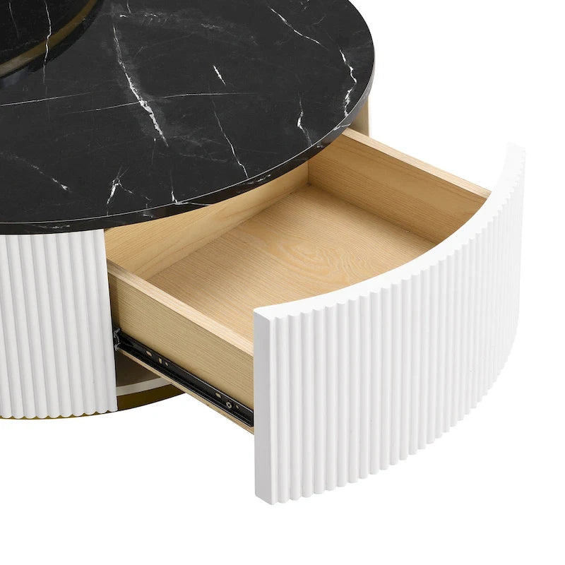 Table basse gigogne ronde moderne avec tiroir et base dorée pour le salon