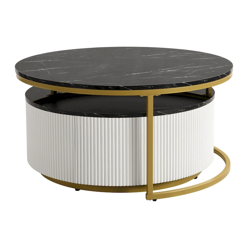 Table basse gigogne ronde moderne avec tiroir et base dorée pour le salon