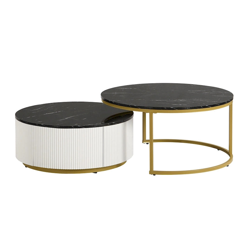Table basse gigogne ronde moderne avec tiroir et base dorée pour le salon
