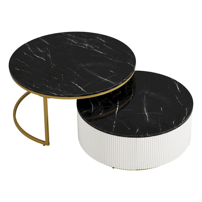 Table basse gigogne ronde moderne avec tiroir et base dorée pour le salon