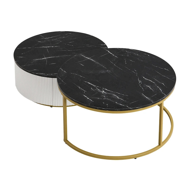 Table basse gigogne ronde moderne avec tiroir et base dorée pour le salon