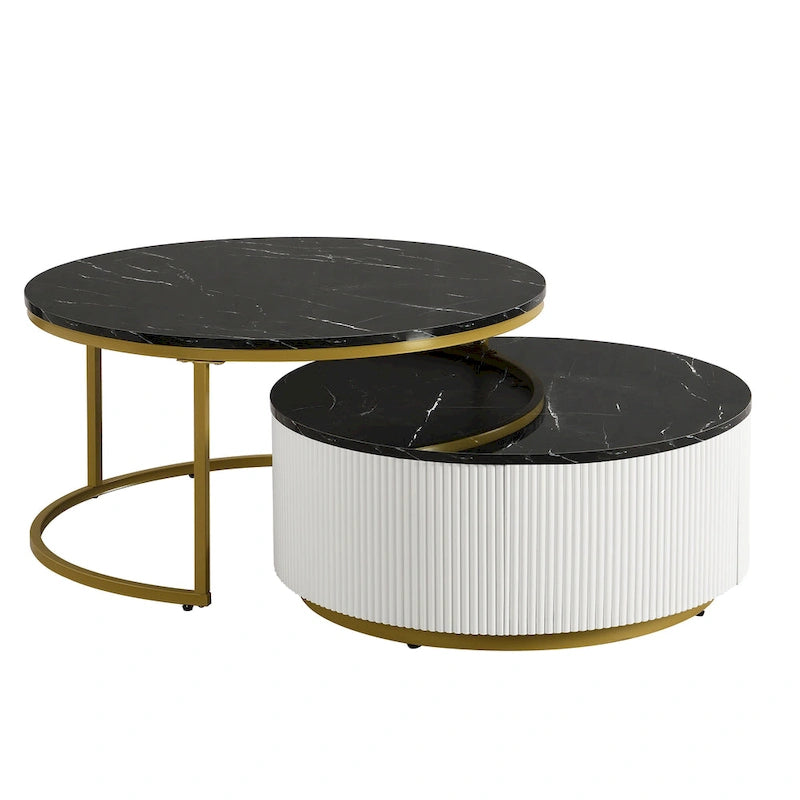 Table basse gigogne ronde moderne avec tiroir et base dorée pour le salon