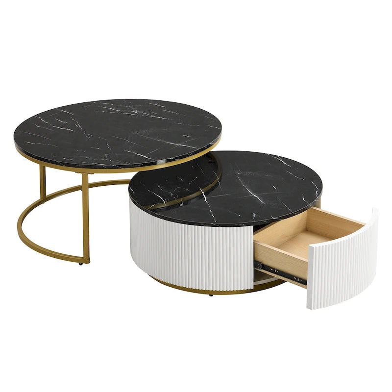 Table basse gigogne ronde moderne avec tiroir et base dorée pour le salon