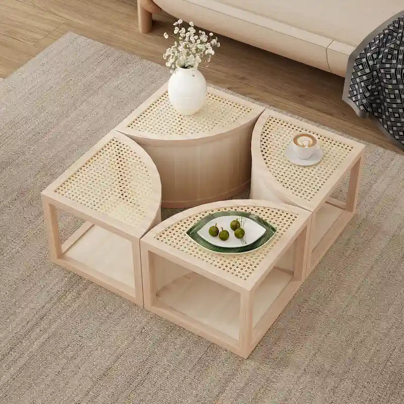 31.4 Table basse modulaire en bois moderne avec rotin naturel et rangement pour salon