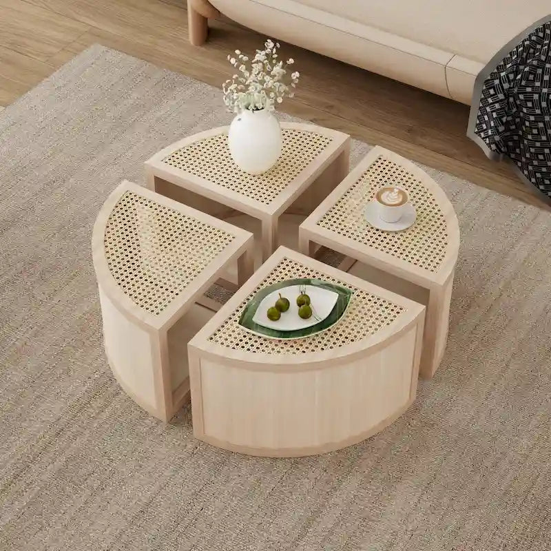 31.4 Table basse modulaire en bois moderne avec rotin naturel et rangement pour salon