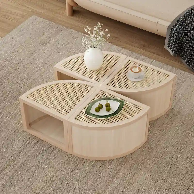 31.4 Table basse modulaire en bois moderne avec rotin naturel et rangement pour salon