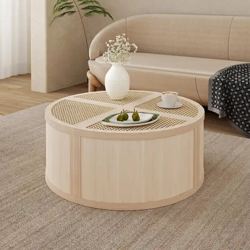 31.4 Table basse modulaire en bois moderne avec rotin naturel et rangement pour salon