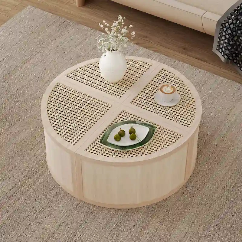 31.4 Table basse modulaire en bois moderne avec rotin naturel et rangement pour salon