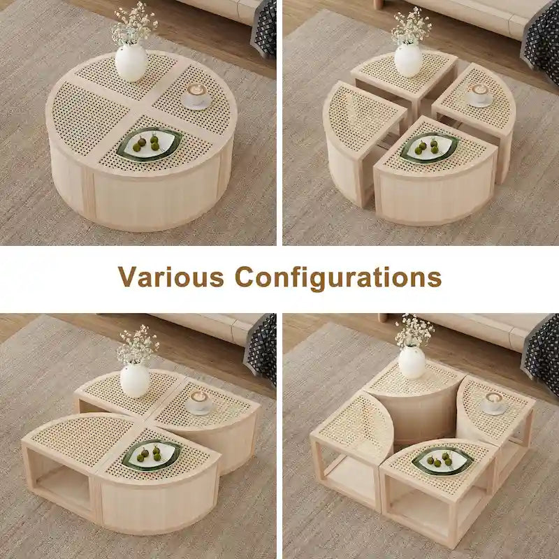 31.4 Table basse modulaire en bois moderne avec rotin naturel et rangement pour salon