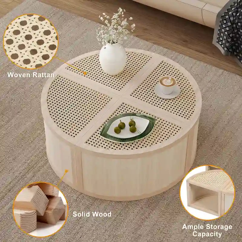 31.4 Table basse modulaire en bois moderne avec rotin naturel et rangement pour salon