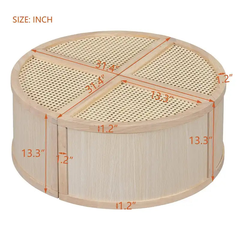 31.4 Table basse modulaire en bois moderne avec rotin naturel et rangement pour salon