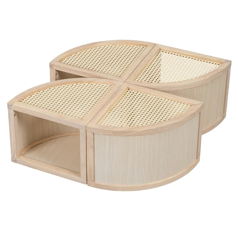 31.4 Table basse modulaire en bois moderne avec rotin naturel et rangement pour salon